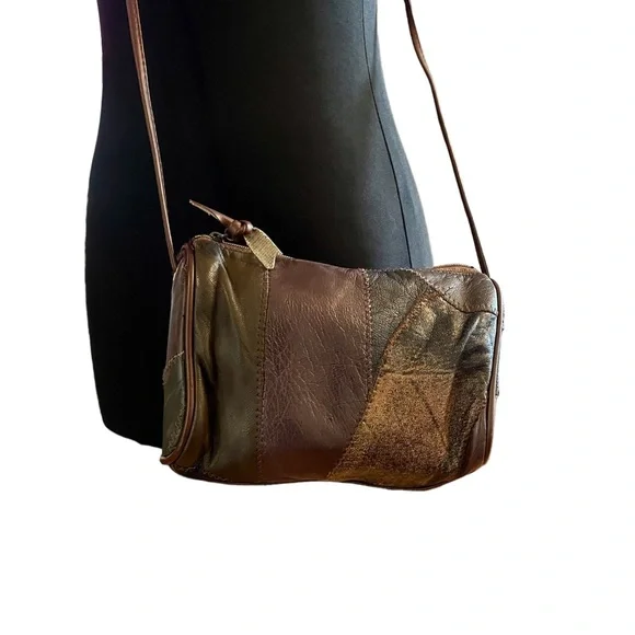 Vintage 90s leather patchwork crossbody mini bag brown - Picture 6 of 14